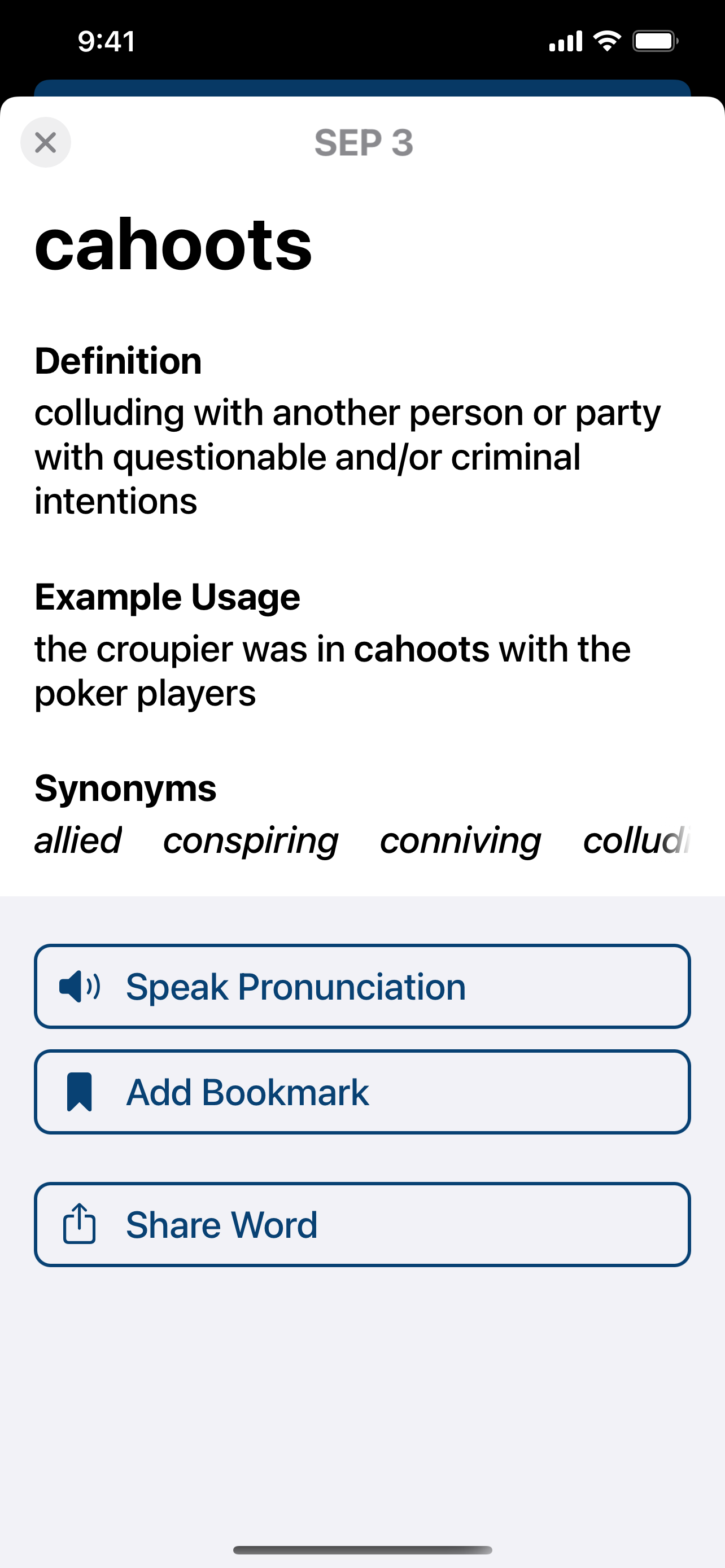 A screenshot of the detail entry for a word in Daily Dictionary.